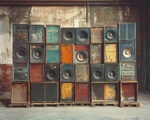 Obraz premium Colorful vintage speakers in an urban setting.