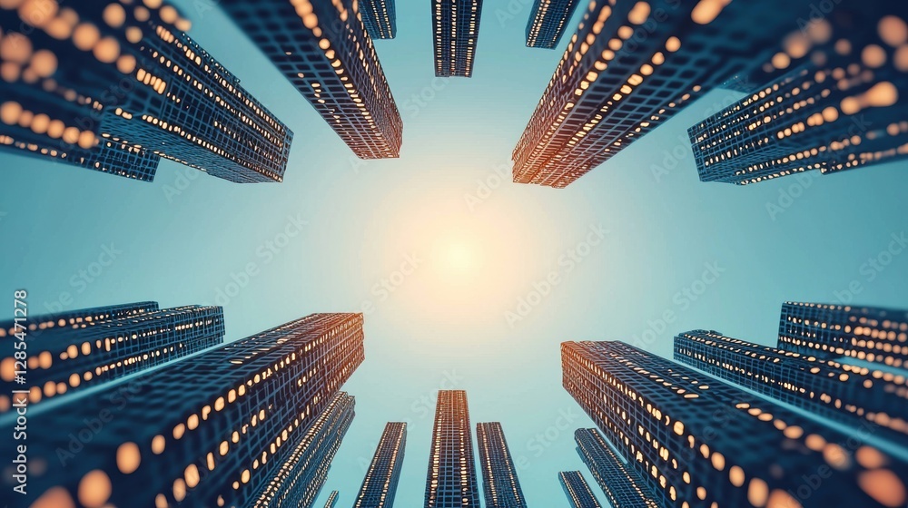 Poster a futuristic cityscape with buildings formed by towering columns of binary code, illustrating the pe
