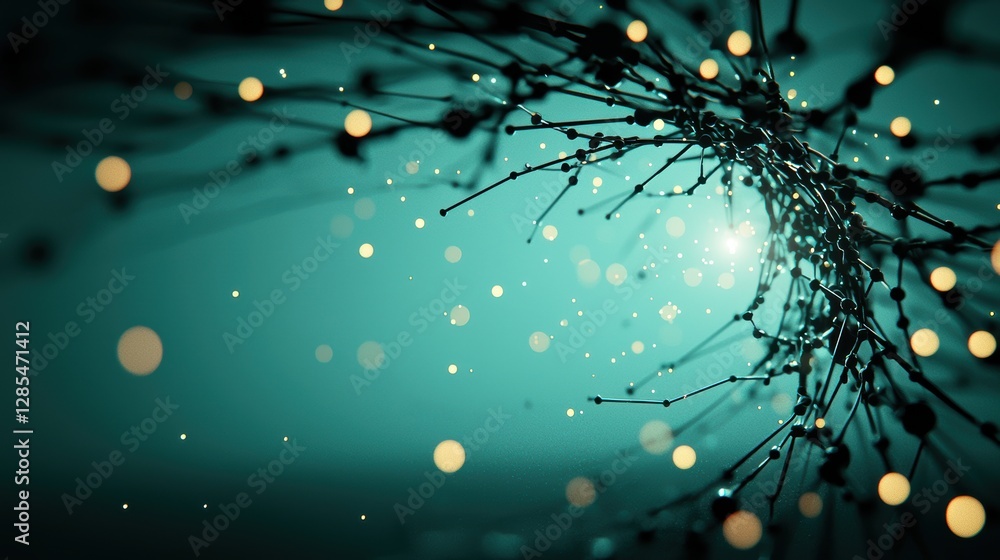 Poster an abstract representation of data packets traveling through a network of glowing nodes, symbolizing