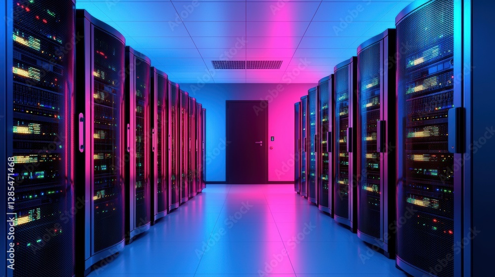 Poster a server room with rows of glowing servers and network equipment, highlighting the physical infrastr