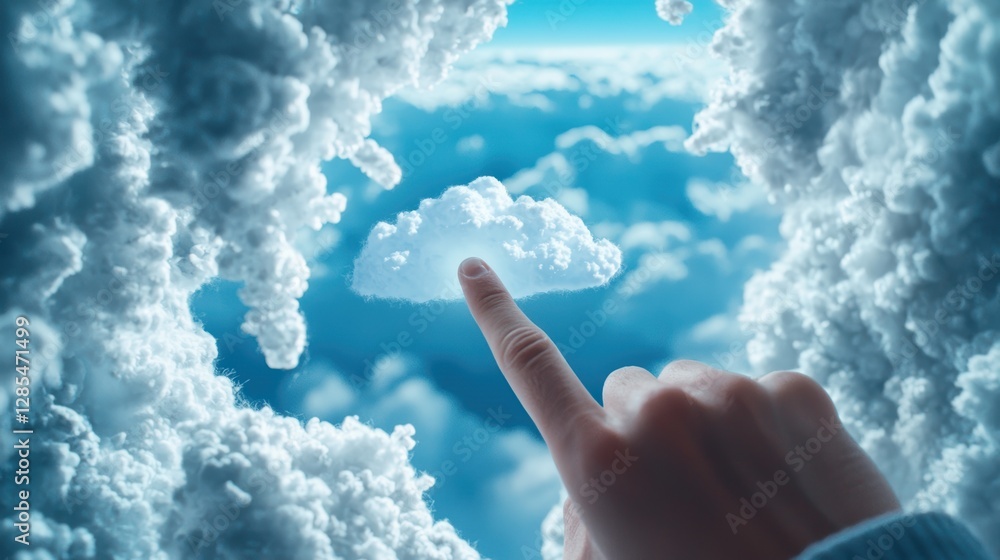 Aufkleber a hand reaching out to touch a holographic projection of a cloud, symbolizing the intangible nature 