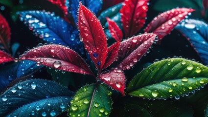Vibrant Multicolored Leaves with Water Droplets in Macro Photography