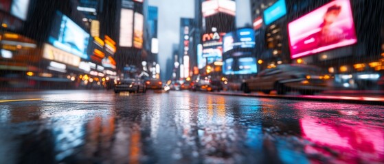Obraz premium Rainy night city street, traffic blur, bright lights