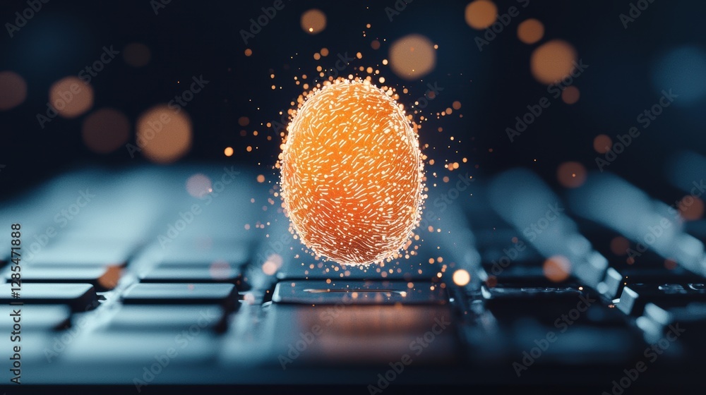Poster a fingerprint glowing on a keyboard, representing the increasing use of biometric authentication for