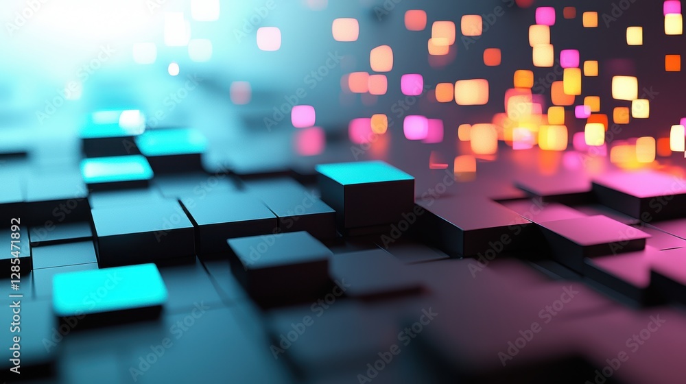 Poster an abstract representation of data encrypted as glowing geometric shapes, conveying the concept of s