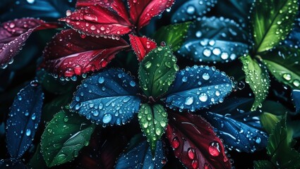 Vibrant Multicolored Leaves with Water Droplets in Macro Photography