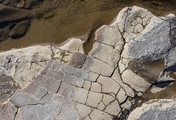 A shallow riverbed with an exposed rocky bottom, a small stream and a flow of water, wild in nature