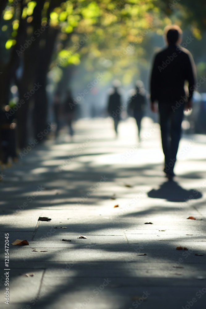 Poster Mysterious Urban Pathway Shrouded in Soft Light and Shadows of Walking Figures : Generative AI