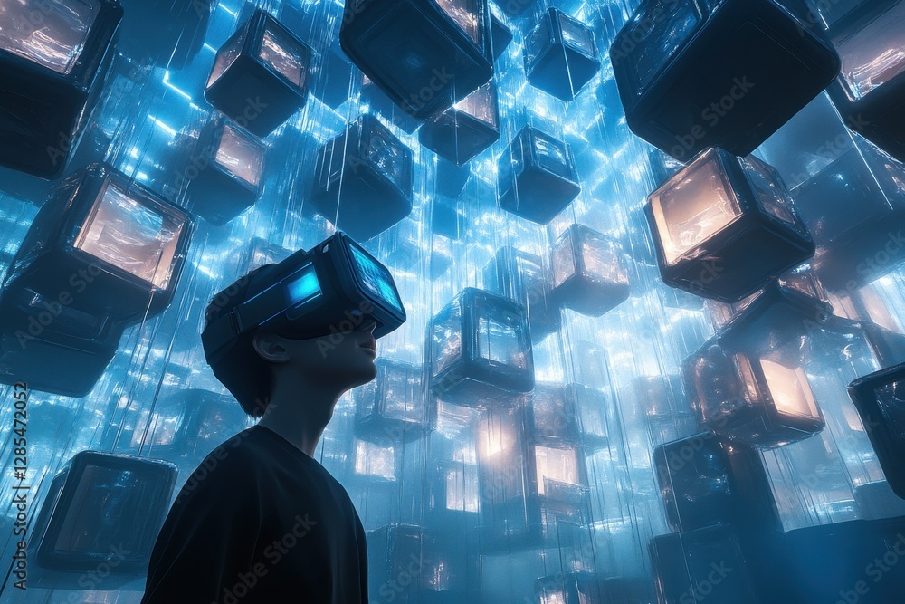 Poster exploring virtual realms in a captivating cgi metaverse experience with immersive technology, depict