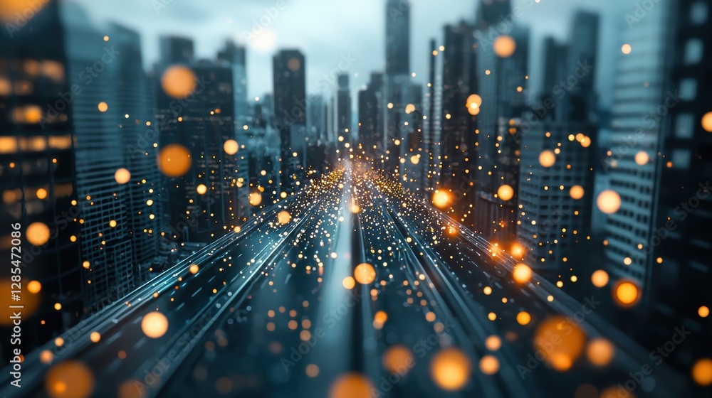 Poster a cityscape with interconnected devices, sensors, and data streams, illustrating the concept of a sm