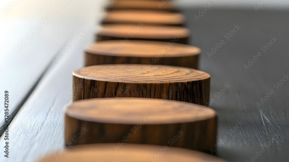 Poster close-up view of wooden coasters arranged neatly on a dark surface, showcasing natural textures and 