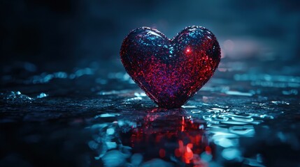 Sparkling Heart Reflecting on Watery Surface in Dark Romantic Setting