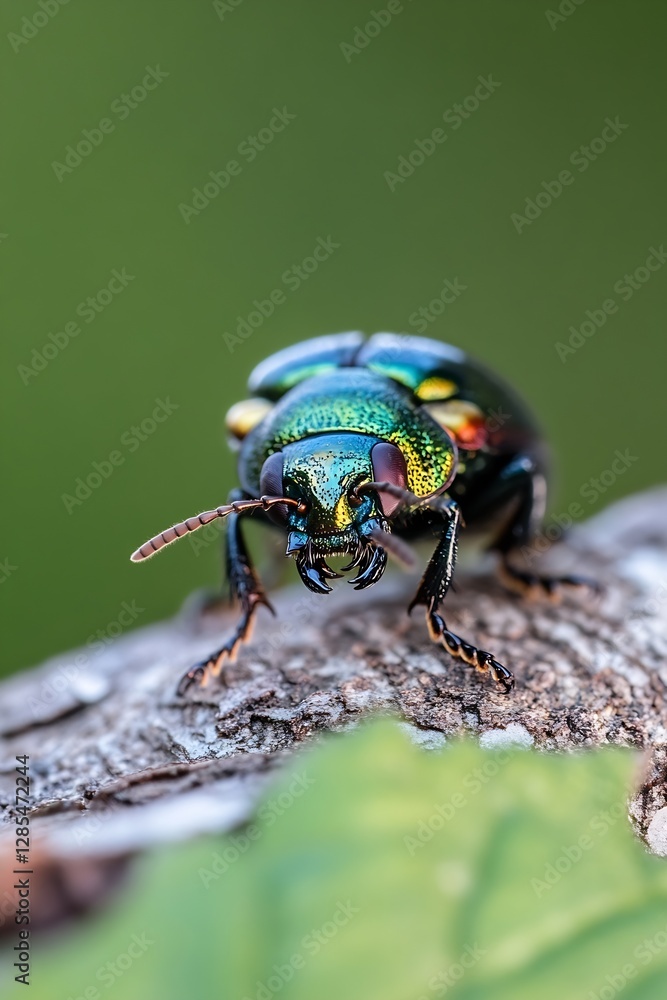 Poster Close up of bright and colorful beetle showing intricate details and vibrant coloration on nature background : Generative AI