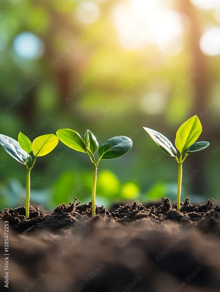 Poster fresh green seedlings sprouting from rich soil under warm glowing sunlight in a forest setting : gen