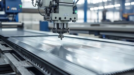 Close up detailed view of a metal sheet rolling machine in corrugated sheets in a modern industrial manufacturing facility or factory workshop