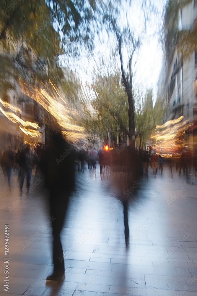 Poster blurred motion of busy city streets with people and soft golden lights creating vibrant atmosphere :