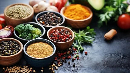 Variety of fresh organic spices and vegetables arranged in bowls on a black table : Generative AI
