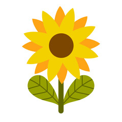 Bright and cheerful sunflower with a brown center and vibrant yellow petals, accompanied by fresh green leaves. This cute floral illustration is perfect for stickers, clipart, and nature-themed design