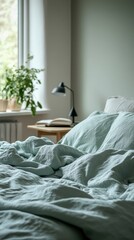 Cozy bedroom with soft bedding and greenery.