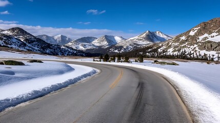 Scenic Winter Road Curving Through Majestic Snow Covered Mountains Under Clear Blue Sky : Generative AI