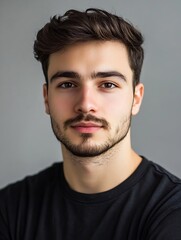 Fototapeta premium Close up portrait of young man with stylish hair and confident expression in casual attire : Generative AI