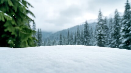 Obraz premium Snowy landscape with blurred evergreen trees