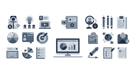 Analyzing Data and Managing Tasks Shown with Business and Office Icons