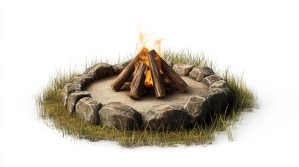 Cozy campfire surrounded by rocks and grass.
