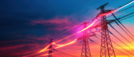 Digital green energy digital transformation. Sunset with power lines and vibrant colors creating a dynamic scene.