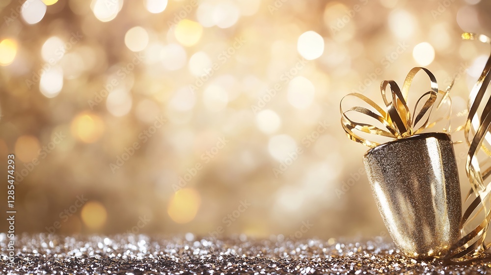 Leinwandbilder festive golden present wrapped with shiny ribbon on a sparkling bokeh background : generative ai