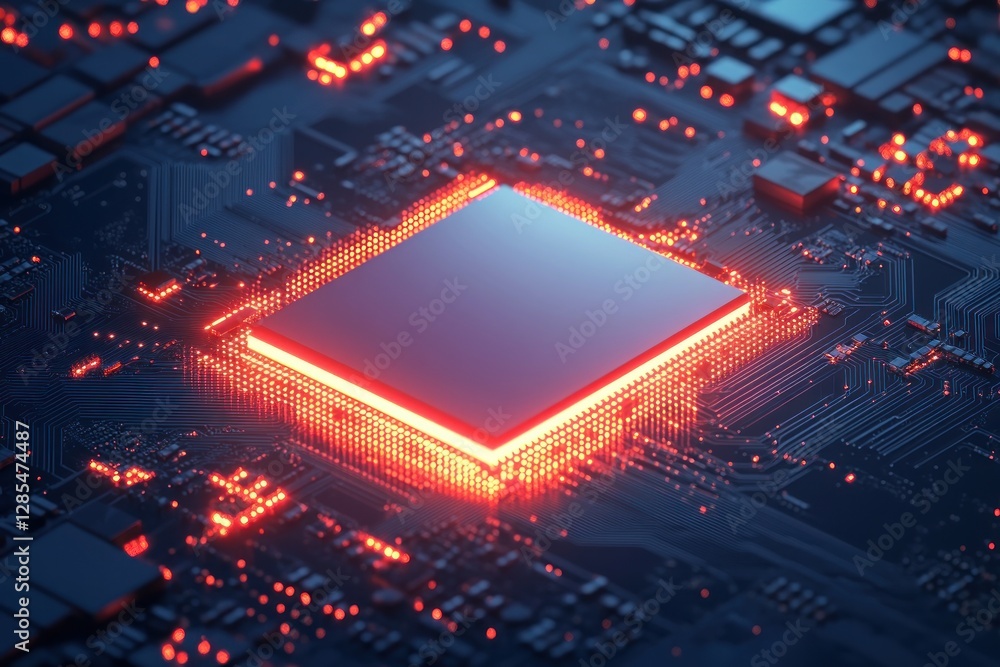 Poster glowing microchip on circuit board with red lights