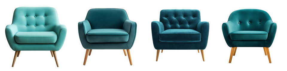 Fototapeta premium Set of a comfortable sofa chair with wooden legs, isolated on a transparent background.