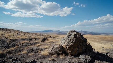 Rocky Landscape Under Clear Blue Sky with Lush Fields and Fluffy Clouds : Generative AI