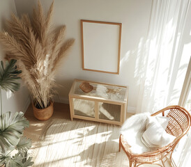 Bohemian Chic Living Room Corner with Blank Frame
