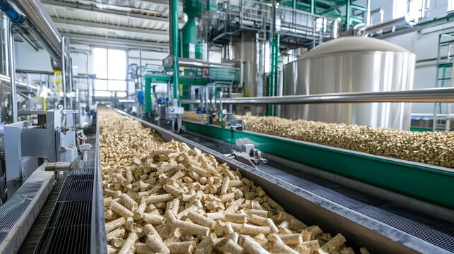 Conveyor Belt Carrying Freshly Cut Wood Chips into a Large Industrial Digester for Biomass Fuel Production and Renewable Energy in a Manufacturing Facility
