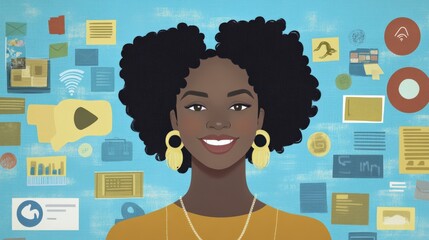 Vibrant African American Woman Surrounded by Digital Icons and Media Elements