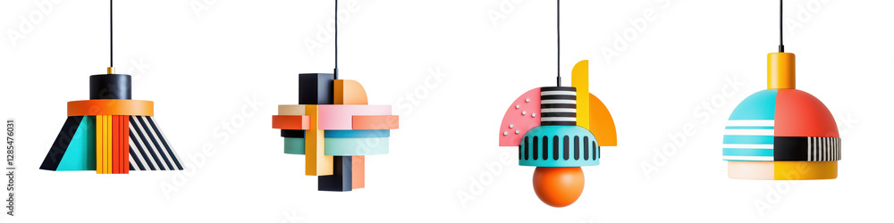 Poster a collection of colorful abstract geometric pendant lamps suspended from the ceiling creating a stri