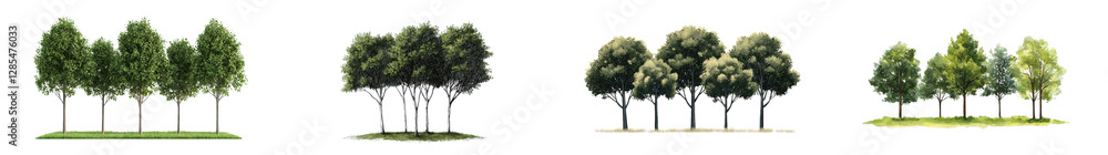 Poster lush and verdant forest landscape with rows of flourishing trees in a tranquil natural environment p