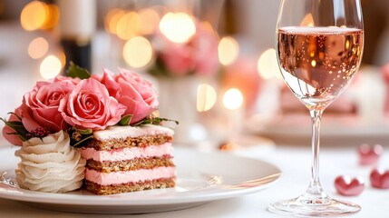 Naklejka premium Celebration Cake with Roses and Rose Wine Perfect for Special Occasion