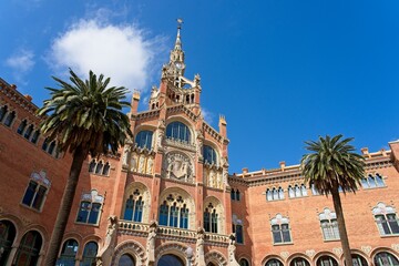 Barcelona Spain - 21 April 2024 - Street view of facade of Recinte Modernista de Sant Pau (Hospital...