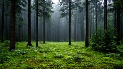 Obraz premium Lush Green Forest with Tall Trees and Soft Moss Covering the Ground in a Peaceful Atmosphere : Generative AI