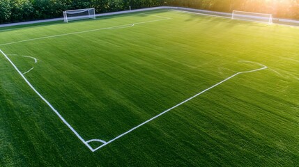 Aerial View of Lush Green Soccer Field Surrounded by Trees and Goal Posts : Generative AI