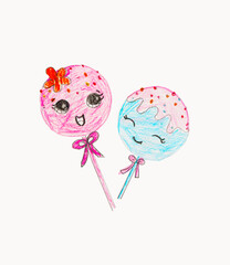 cute kids drawing lollipop Crayon Chalk Drawing Set. Lollipop candy stick. Sweet confectionery....