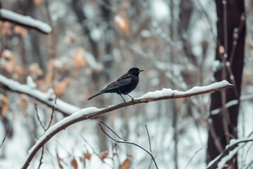 Common blackbird male perched on a snowy branch in the wild during winter, Common blackbird male Turdus merula in the wild Close up