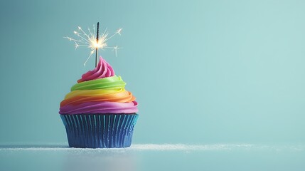 Rainbow cupcake with sparkler on soft blue background, copyspace and text
