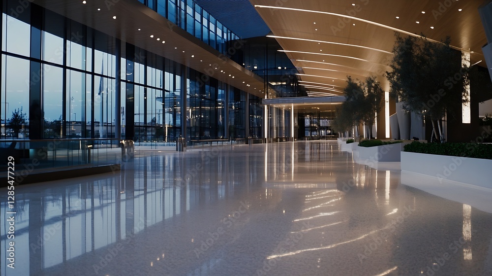 Poster spacious modern lobby design with floor to ceiling windows and elegant lighting : generative ai