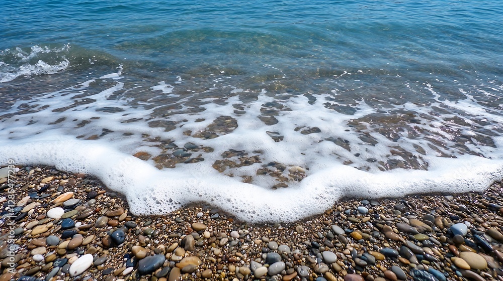 Sticker gentle waves caressing a serene pebble beach with crystal clear water : Generative AI