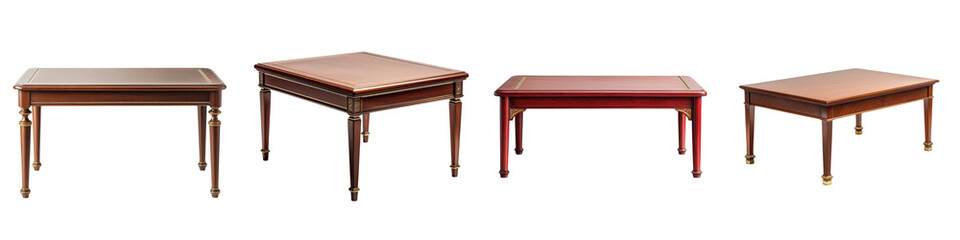 Fototapeta premium Four elegant and functional wooden furniture pieces including a table desk and two side tables in different styles and designs