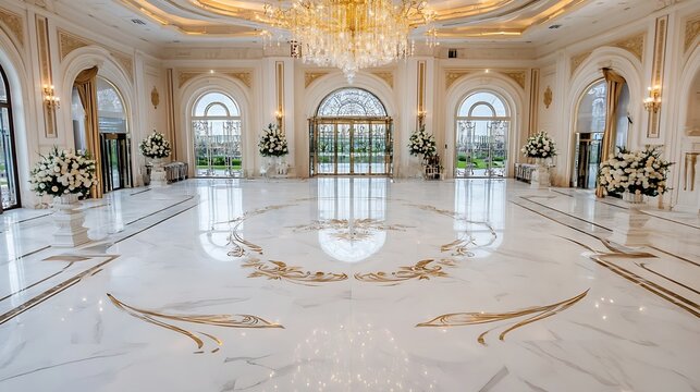 Elegant Grand Lobby with Marble Floor and Floral Arrangements : Generative AI