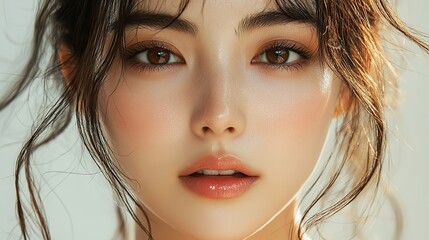 Fototapeta premium A young Asian woman with flawless skin showcases K-beauty makeup, inspiring you to promote your skincare brand with this K-beauty makeup look